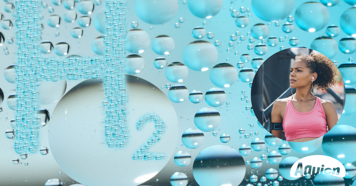 H2 Wasserstoff Wasser Aquion sportliche Frau schaut fragend