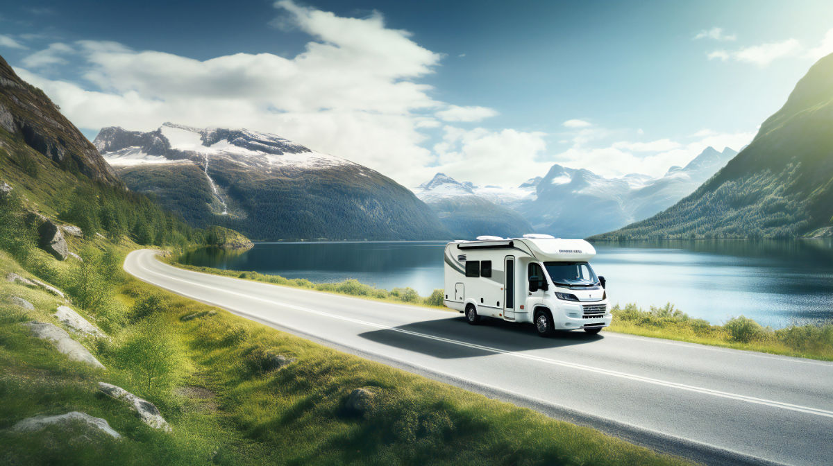 Wohnmobile fährt auf Strasse mit See und Bergen im Hintergrund