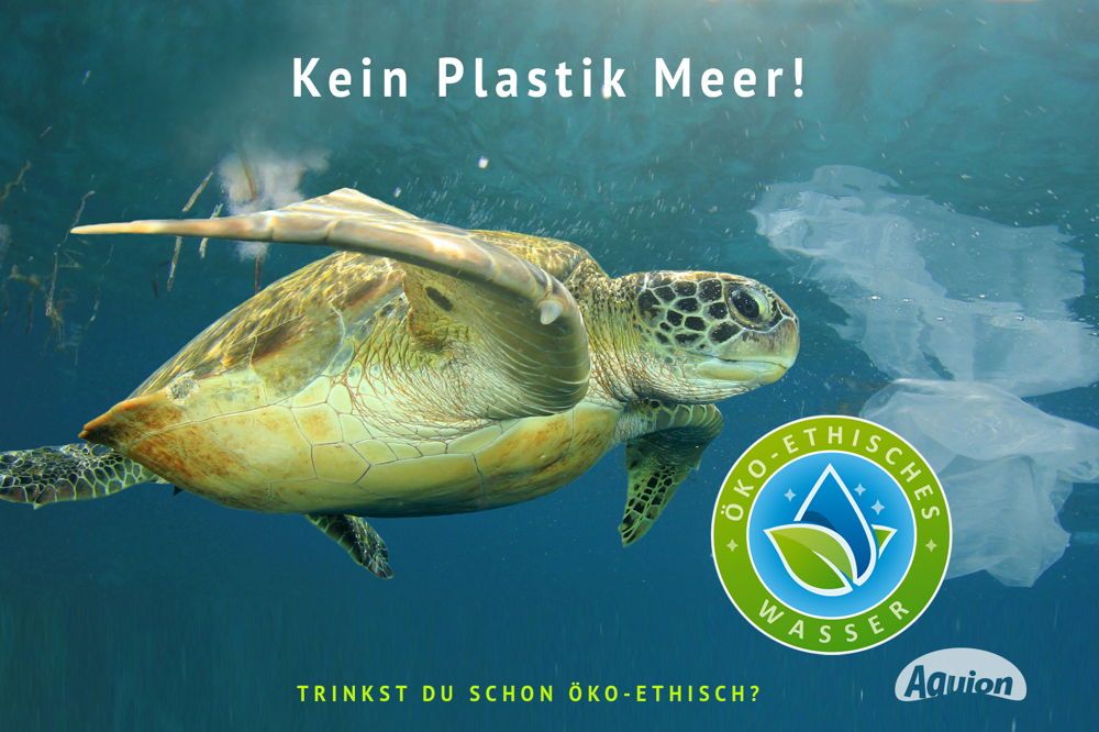Meeresschildkröte und eine Plastiktüte schwimmen gleichzeitig durch das Meer. Auf dem Bild steht Lebendige Ozeane als Lebensgrundlage für uns alle. Trinkst du schon öko-ethisch.